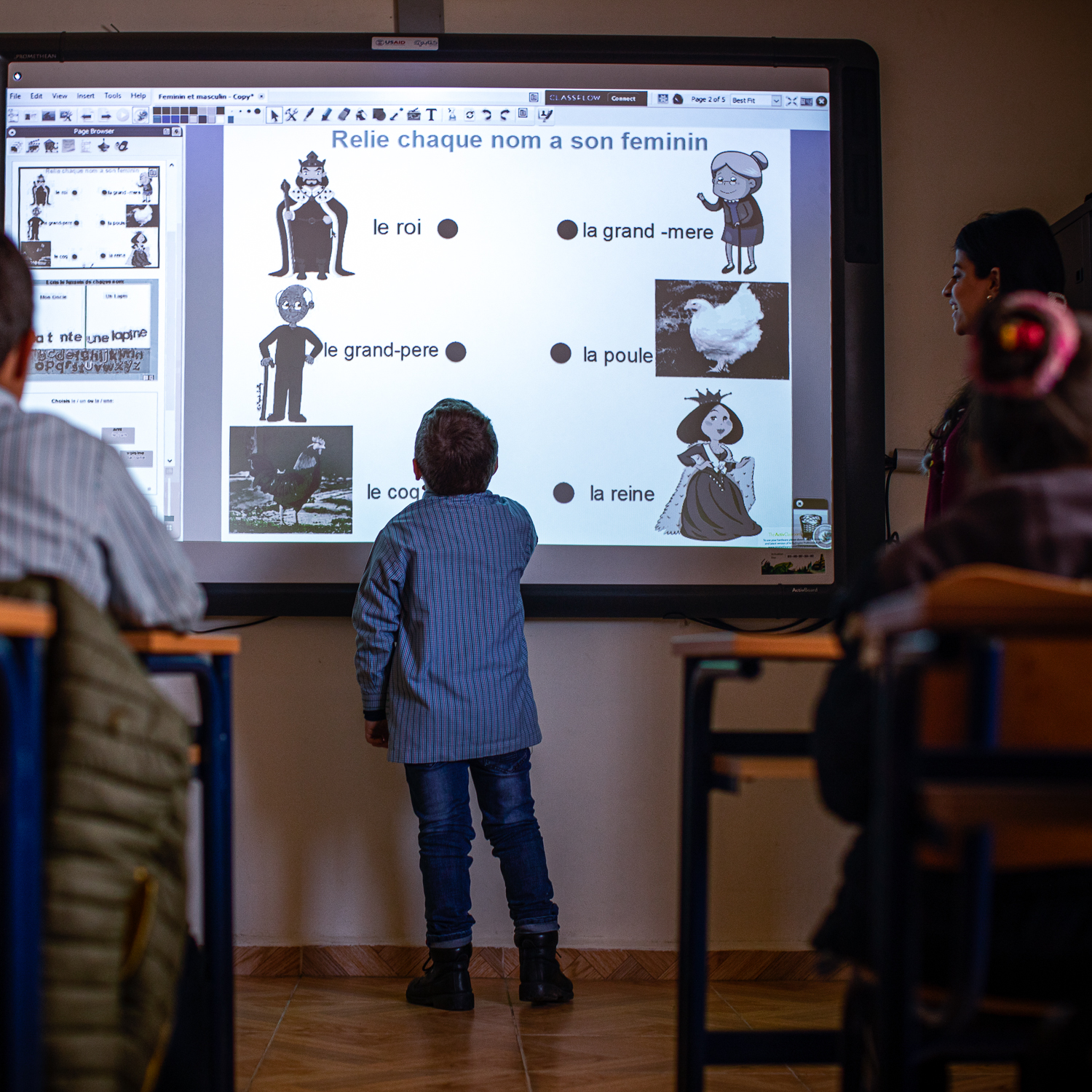 An electronic whiteboard in use in a Lebanese classroom.
