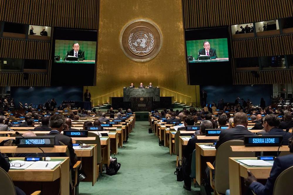United Nations General Assembly in session discussing global issues