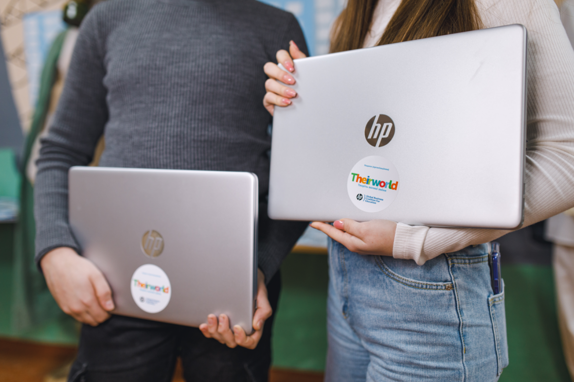 Students study in a bomb shelter in Kharkiv, Ukraine using donated laptops. The laptops were donated as part of the Digital Equity in Ukraine project via local partner Fundacja Q to a school in Kharkiv, Ukraine.