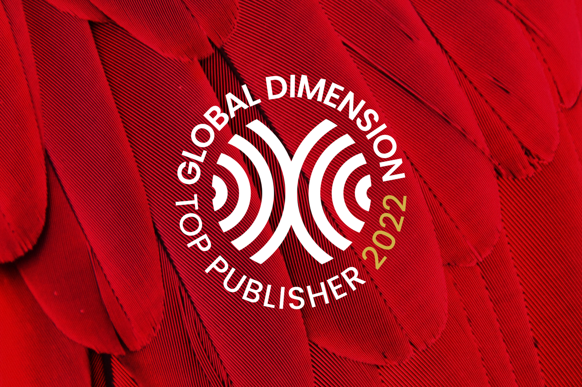 The Global Dimension Top Publisher logo sits on top of a bright red feather background that is macro and textural