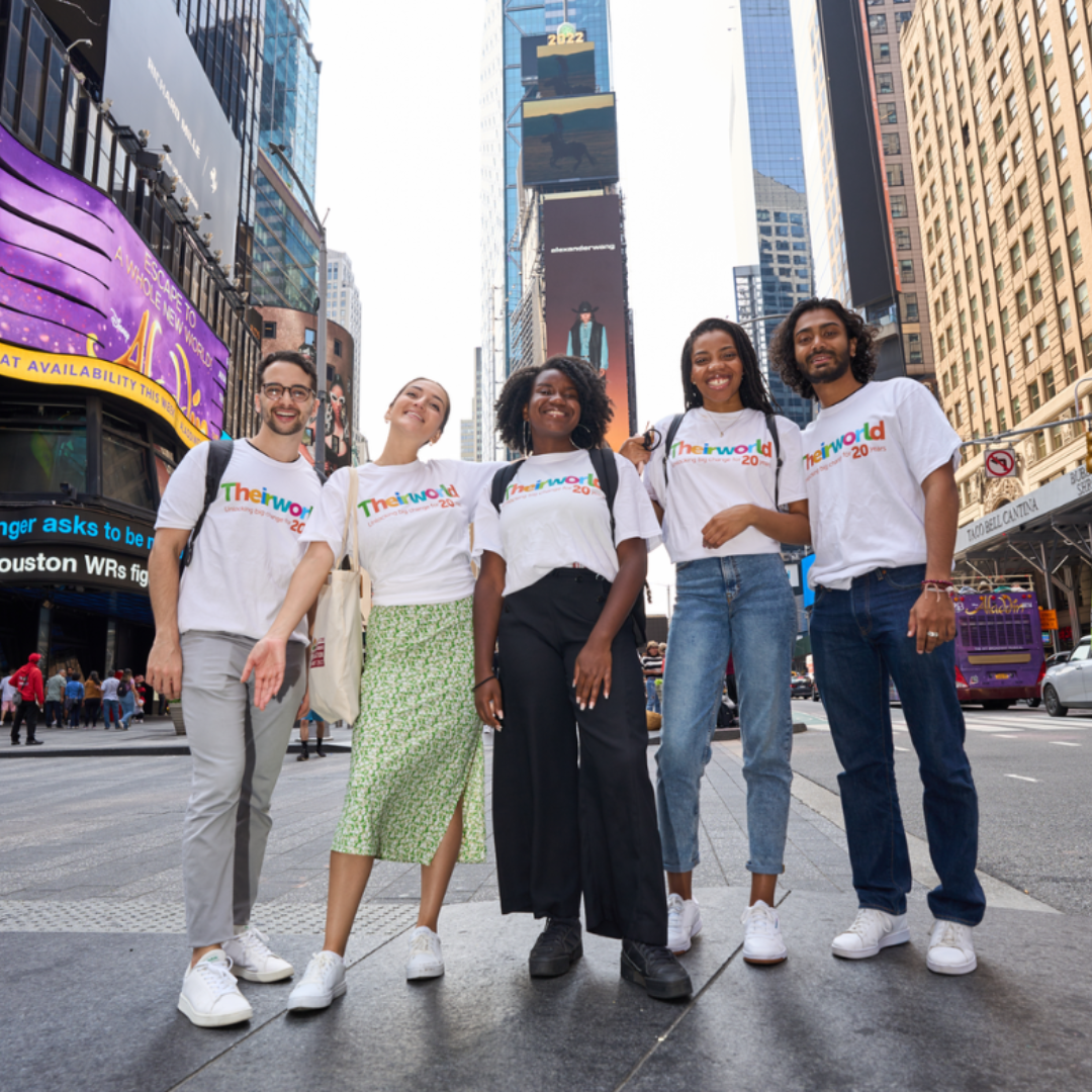 GYAs Blessing Adogame, 23, USA; Gabriel Monteiro, 25, Brazil; Yuv Sungkur, 23, Mauritius; Jennifer Borrero, 27, USA and Mathilde Boulogne, 19, France. Theirworld Global Youth Ambassadors in central Manhattan where digital billboards for the #LetMeLearn campaign are being displayed during the Transforming Education Summit at UNGA 2022.